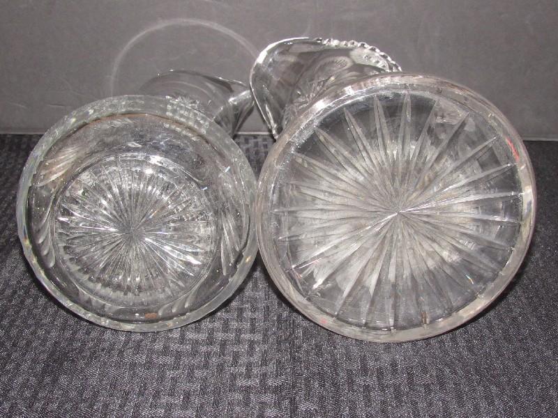 Tall Lead Crystal Pitchers, 1 Sunflower/Thistle Cut Motif, Berry/Fan Cut Design