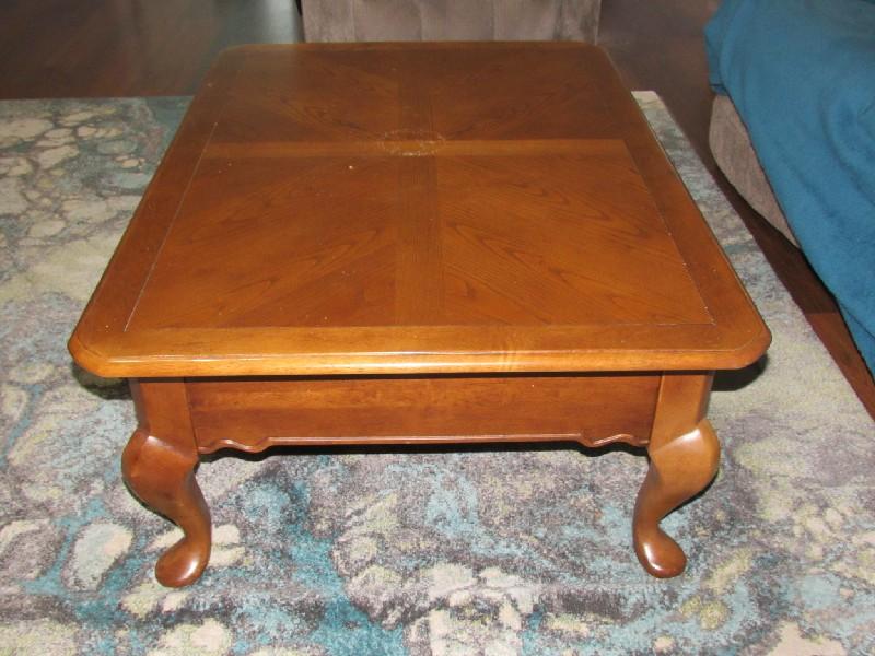 Wooden Center/Coffee Table, 1 Drawer, Brass Pulls Curved Legs to Pad Feet
