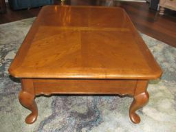 Wooden Center/Coffee Table, 1 Drawer, Brass Pulls Curved Legs to Pad Feet