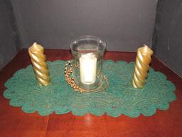 Table Lot - Green Table Cloth, Glass Center Vase w/ Electric Candle, 2 Twist Candles