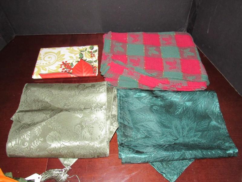 Lot - Table Cloths/Covers, Tartan, White Winter, Green Table Runner, Etc.