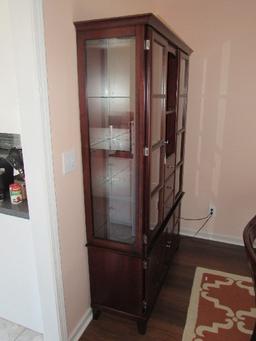 Wooden Tall Curio/Display Cabinet Lighted, Mirrored Back, 2 Glass Doors, 3 Drawers