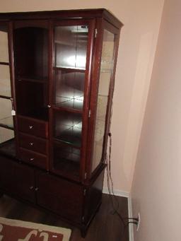 Wooden Tall Curio/Display Cabinet Lighted, Mirrored Back, 2 Glass Doors, 3 Drawers