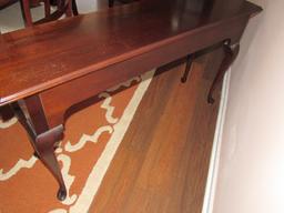 Wooden Entry Table 3 Drawers, Dovetailed, Flower Carved Brass Pulls, Wave Skirting Trim
