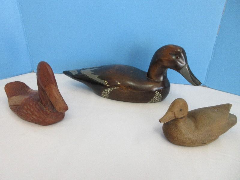 3 Carved Wooden Duck Decoys 3 1/2" H x 7" Natural Finish, Hand Painted Pintail 6" x 14 1/2"