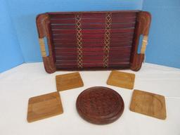 Group - Burgundy Serving Tray, Set - 4 Natural Home Bamboo Coasters