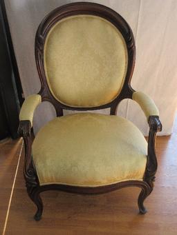 Traditional Victorian Era Style Gentleman's Parlor Chair Heavily Carved Mahogany Trim