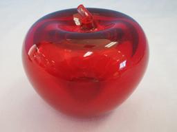 Hand Blown Studio Art Glass Red Stemmed Figural Apple Paperweight