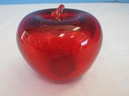 Hand Blown Studio Art Glass Red Stemmed Figural Apple Paperweight