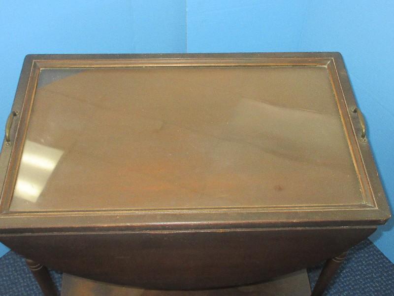 Vintage Mahogany Drop Leaf Tea Cart Base Shelf, Spoke Wheels & Glass Serving Tray Top