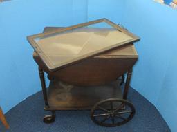 Vintage Mahogany Drop Leaf Tea Cart Base Shelf, Spoke Wheels & Glass Serving Tray Top