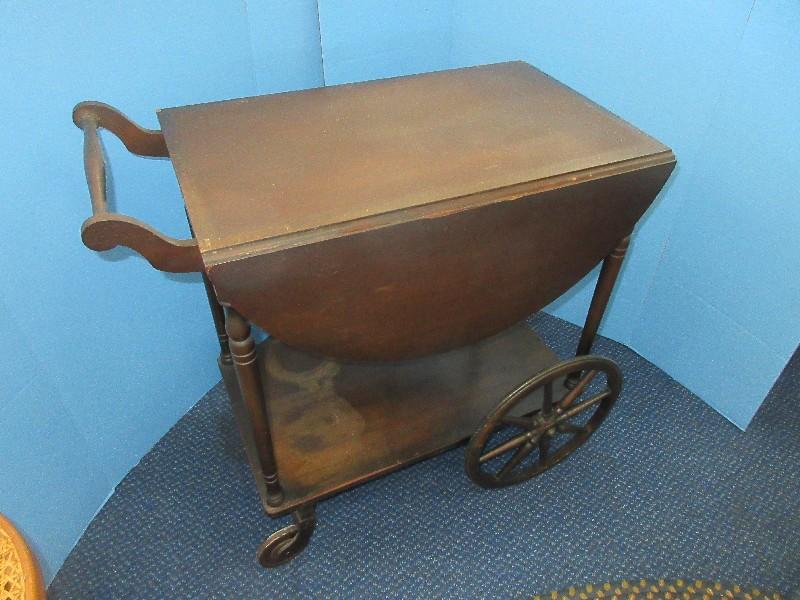 Vintage Mahogany Drop Leaf Tea Cart Base Shelf, Spoke Wheels & Glass Serving Tray Top