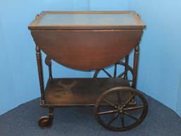 Vintage Mahogany Drop Leaf Tea Cart Base Shelf, Spoke Wheels & Glass Serving Tray Top