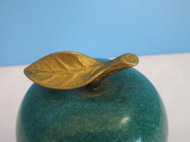 Stone Fruit Green Marble 3 3/4" Apple Paperweight w/ Brass Leaf Stem