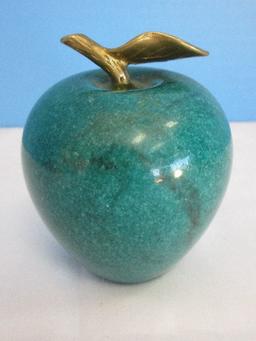 Stone Fruit Green Marble 3 3/4" Apple Paperweight w/ Brass Leaf Stem