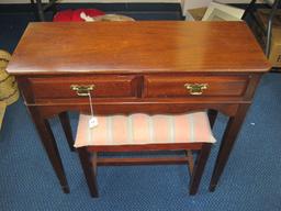 Wooden Side/Entry Table w/ 2 Drawers Brass Pulls, Wave Trim, Narrow Legs