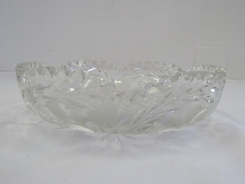 Crystal Glass Bowl Sawtooth Rim w/ Etched Floral/Leaf Motif