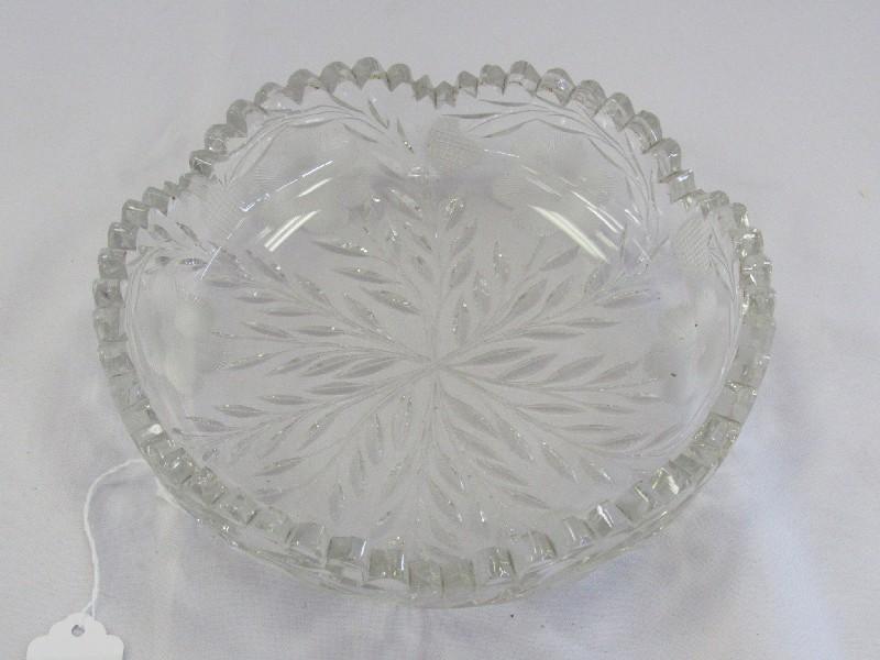 Crystal Glass Bowl Sawtooth Rim w/ Etched Floral/Leaf Motif