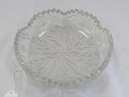 Crystal Glass Bowl Sawtooth Rim w/ Etched Floral/Leaf Motif