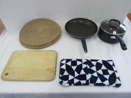 Lot - 4 Reed Placemats, Chopping Board, Pot, Pan, Etc.