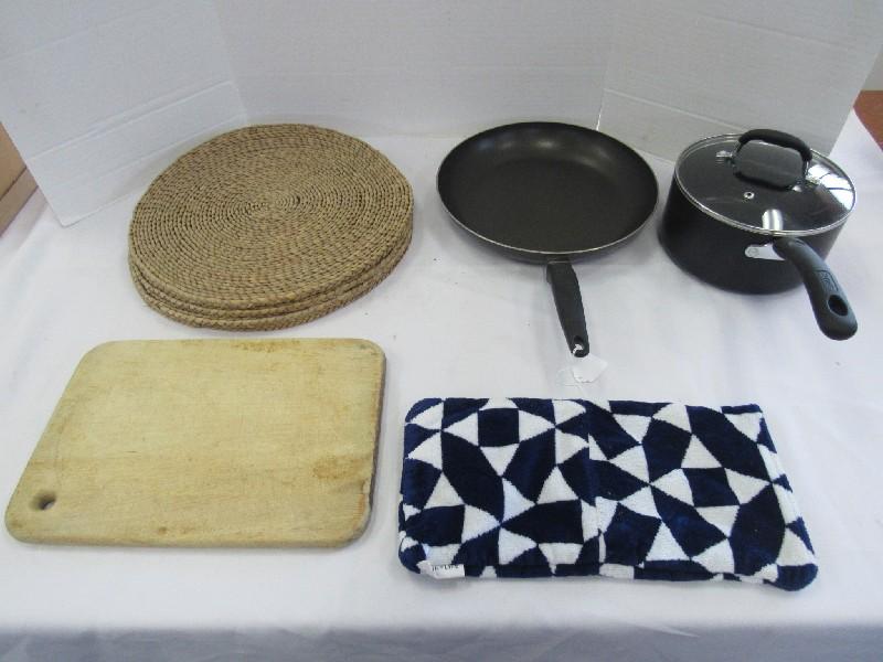 Lot - 4 Reed Placemats, Chopping Board, Pot, Pan, Etc.