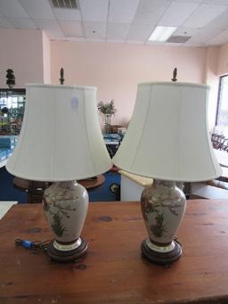 Pair - Ornate Asian Pattern/Motif Gilted Birds in Branches Lamps on Wood Base