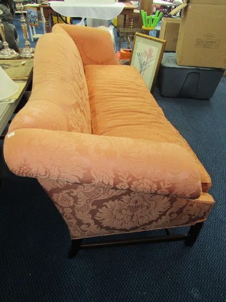 Hickory Chair Furniture Pink Lounge Couch w/ Camel Back, Scroll Arms, Grooved Wood