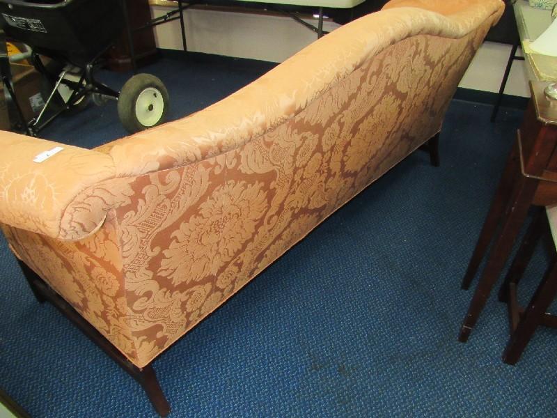 Hickory Chair Furniture Pink Lounge Couch w/ Camel Back, Scroll Arms, Grooved Wood