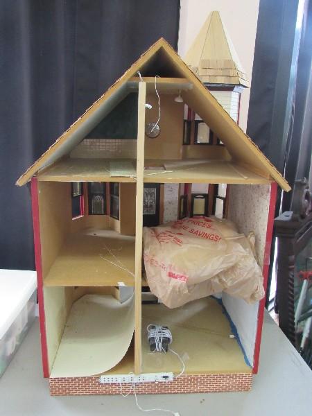 Awesome Hand Made Wooden Vintage Doll House Lighted w/ Moving Windows/Door