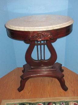 Traditional Victorian Era Style Mahogany Lyre Harp Pedestal Oval End Table