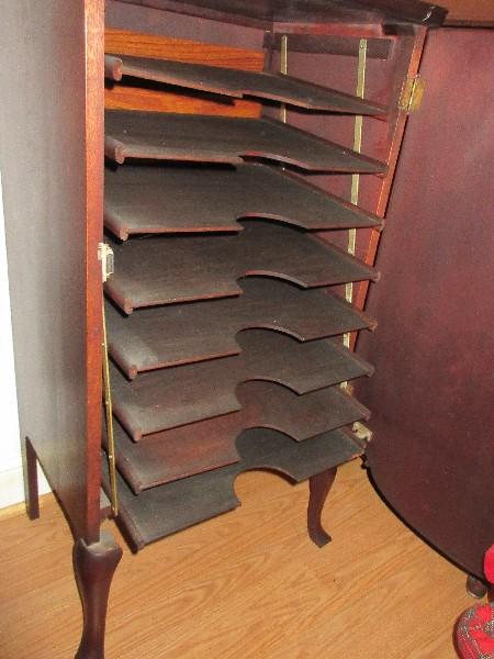 Refined Edwardian Style Mahogany Sheet Music Cabinet w/ Back Splash