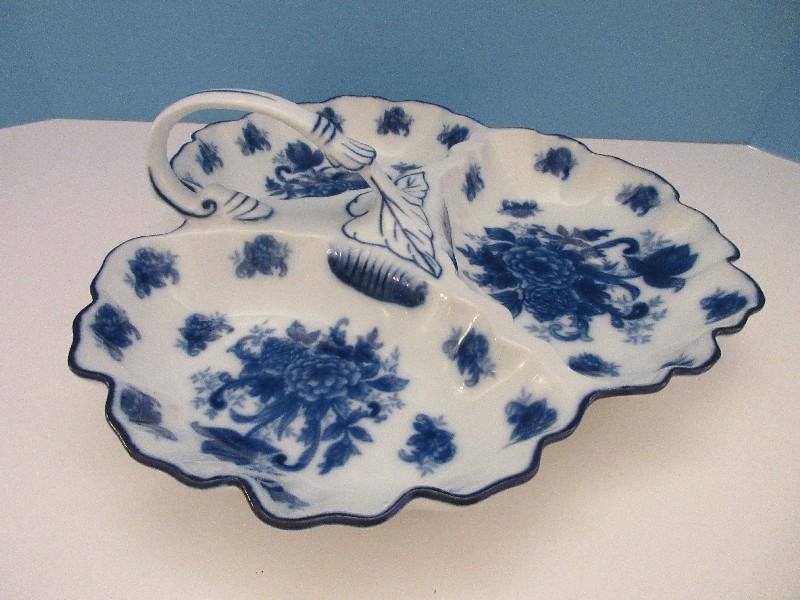 Porcelain Replica Flow Blue Floral Design Large 3 Part Nappy Serving Dish