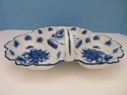 Porcelain Replica Flow Blue Floral Design Large 3 Part Nappy Serving Dish