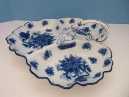 Porcelain Replica Flow Blue Floral Design Large 3 Part Nappy Serving Dish