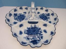 Porcelain Replica Flow Blue Floral Design Large 3 Part Nappy Serving Dish