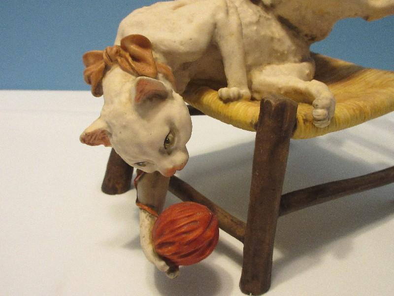 Rare Find Capodimonte Porcelain Statuette Cat on Chair w/ Ball of Yarn