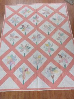 Spectacular Vintage Applique Pinwheel Flowers Lattice Design Summer Quilt