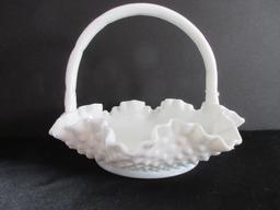 Fenton Art Glass Milk Glass Hobnail Pattern 8" Basket w/ Applied Handle