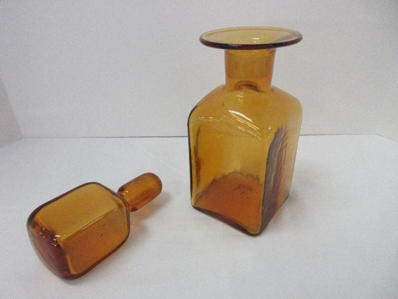 Studio Art Glass Hand Blown Amber Contemporary Decanter w/ Stopper Pontil Base