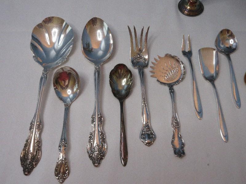 Collection Ornate Silverplate Serving Utensils, Demitasse Spoons, Bon-Bon/Nut Spoon