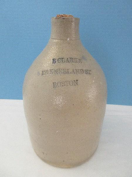 Early Pottery B. Clarke 150 Kneel & St. Boston Applied Handled 12" Jug Bottle