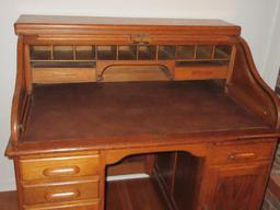 Stately Oak Executive Roll Top Desk Features Fitted Interior w/ Pigeonholes