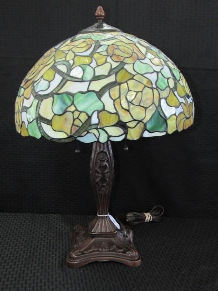 Ornate Cut/Floral Design Metal Lamp w/ Green/Tan Colorful Slag Glass Shade Twin Light