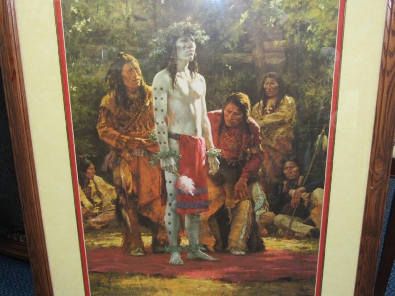 Painted Native American Dancer Scene Picture Print in Wood Frame/Matt