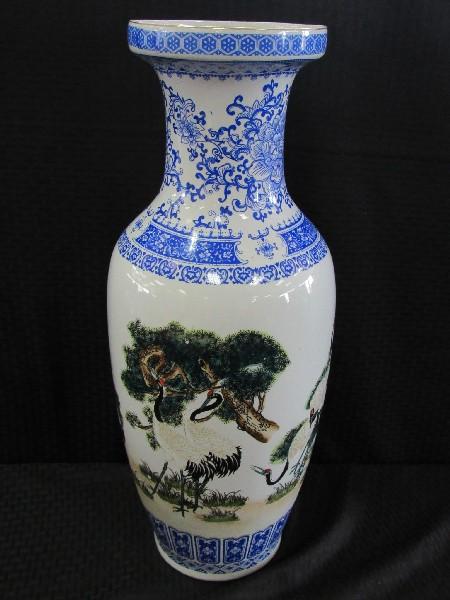 Large Asian Motif Crane Pattern Design Ornate Blue Band Tall Urn Vase