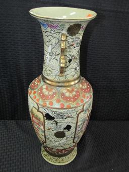 Vintage Hand Painted Twin Handle Urn Vase w/ Ornate Gilted Crane/Archery Asian Scene