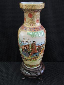 Tall Hand Painted Asian Picnic Scene Vase Gilted/Ornate Pattern motif