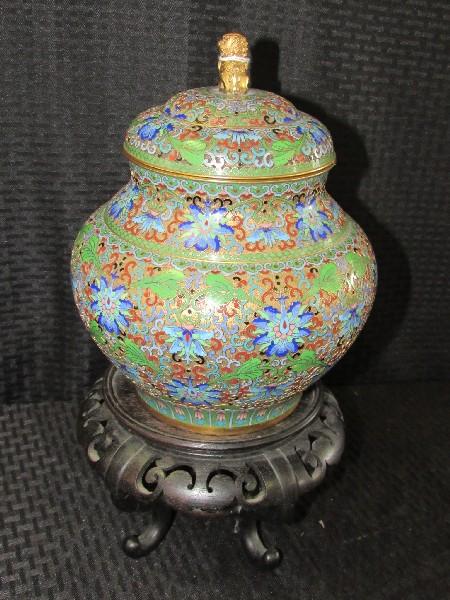 Very Awesome Rare Find Champleve Ginger Jar w/ Imperial Guardian Lion Finial Lid