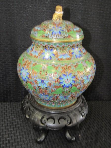 Very Awesome Rare Find Champleve Ginger Jar w/ Imperial Guardian Lion Finial Lid