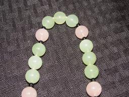 Beautiful Green/Pink Jade Bead Necklace w/ Curved Woman w/ Koi Fish Large Pendant